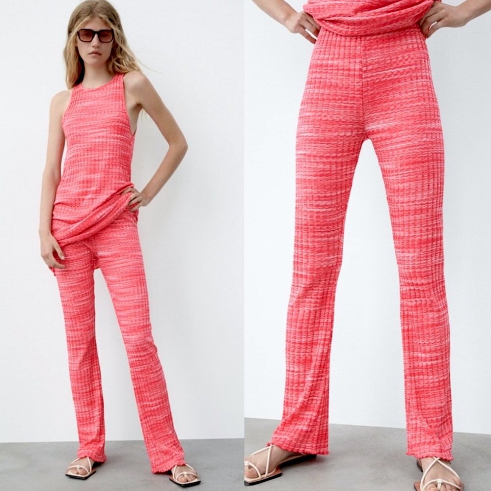 Zara Pink Ribbed Pull-On Flare Pants